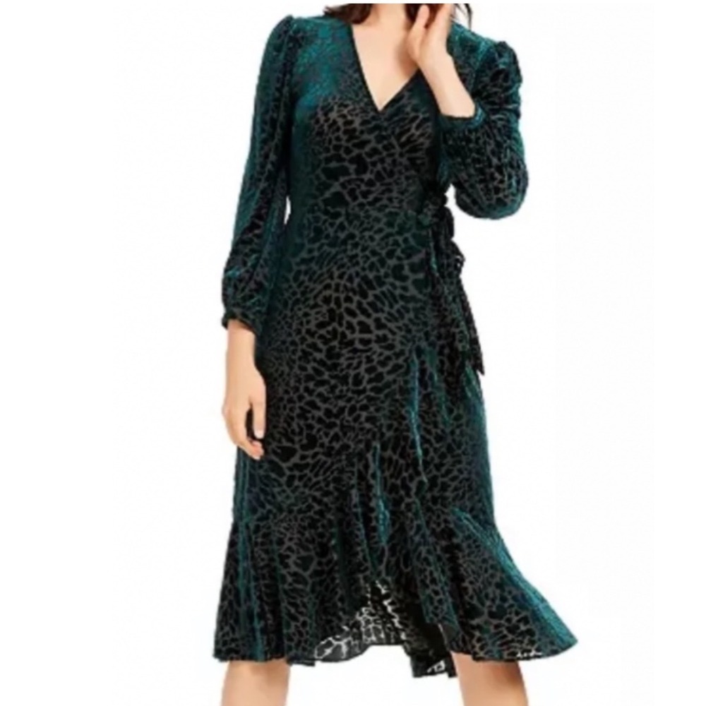Calvin Klein Emerald Green Leopard Burnout Velvet Wrap Midi Dress Size 10